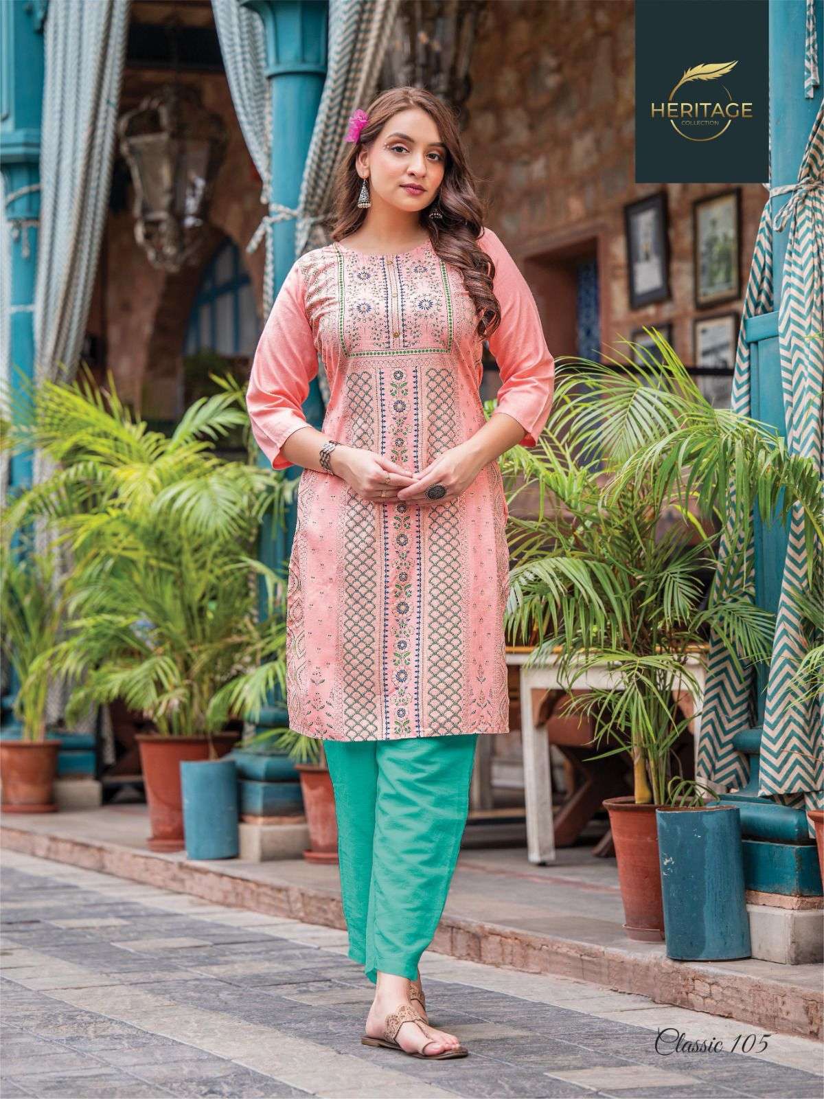 CLASSIC BY RAYON SLUB PRINT WITH HANDWORK DESIGNER KURTI BY HERITAGE COLLECTION BRAND 105